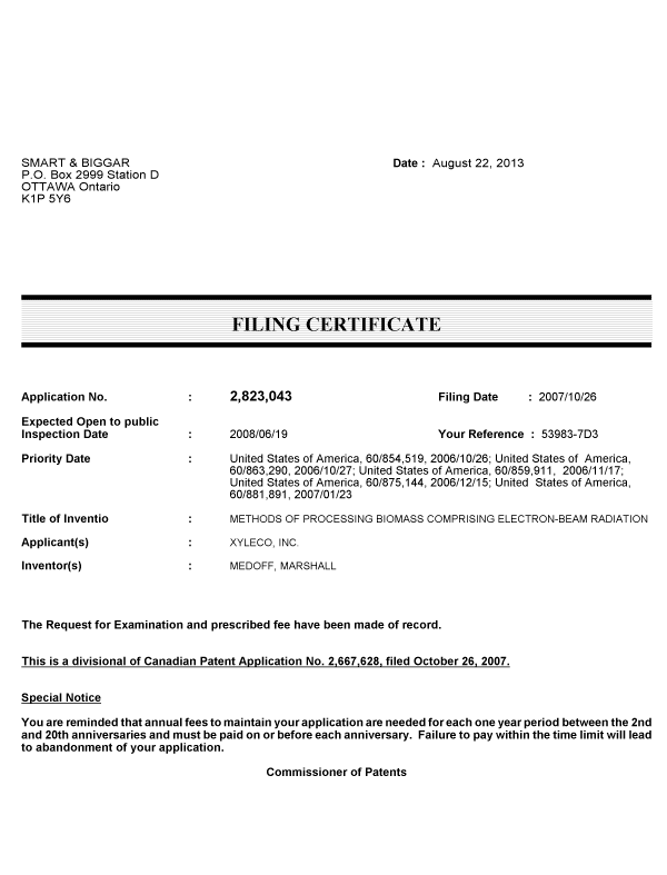 Document de brevet canadien 2823043. Correspondance 20121222. Image 1 de 1