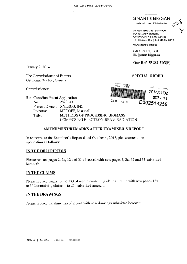 Canadian Patent Document 2823043. Prosecution-Amendment 20131202. Image 1 of 51
