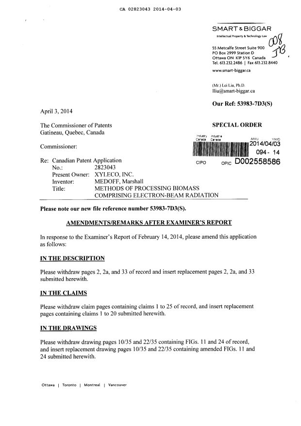 Document de brevet canadien 2823043. Poursuite-Amendment 20131203. Image 1 de 11