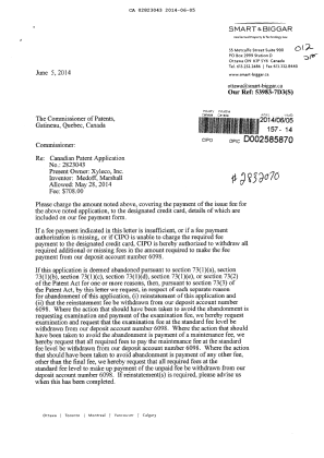 Document de brevet canadien 2823043. Correspondance 20131205. Image 1 de 2