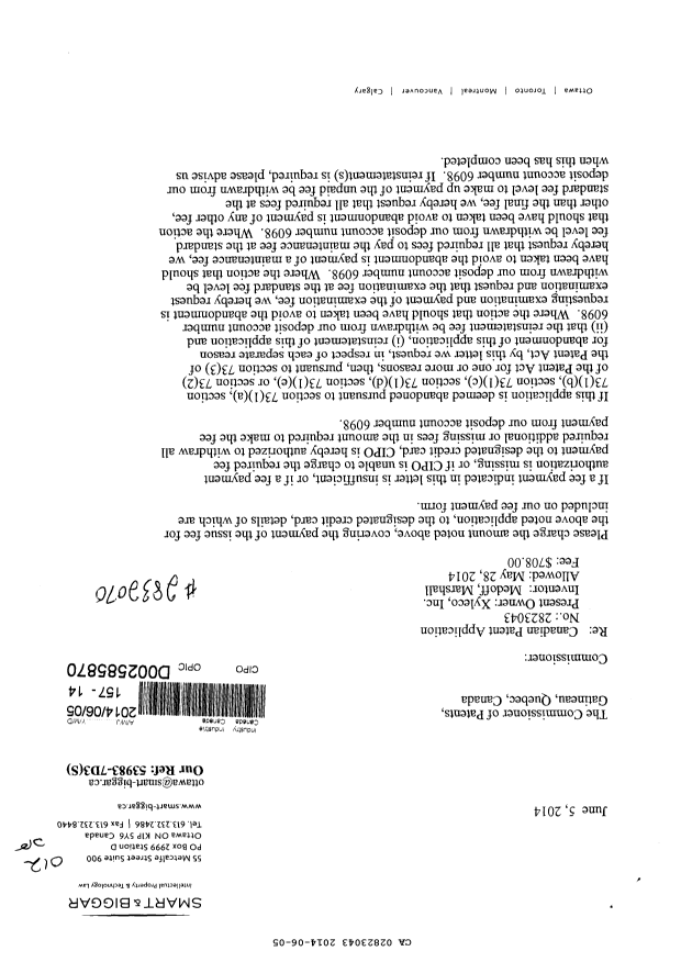 Document de brevet canadien 2823043. Correspondance 20131205. Image 1 de 2