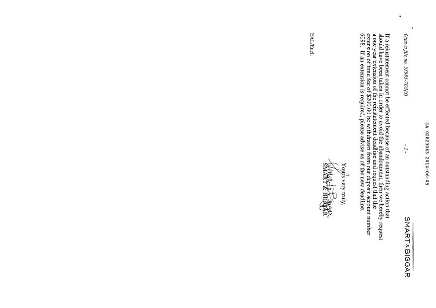 Document de brevet canadien 2823043. Correspondance 20131205. Image 2 de 2