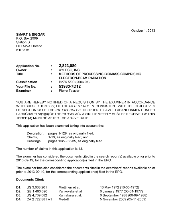 Canadian Patent Document 2823080. Prosecution-Amendment 20121201. Image 1 of 4
