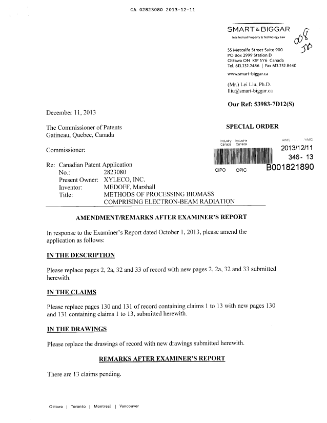 Canadian Patent Document 2823080. Prosecution-Amendment 20121211. Image 1 of 47