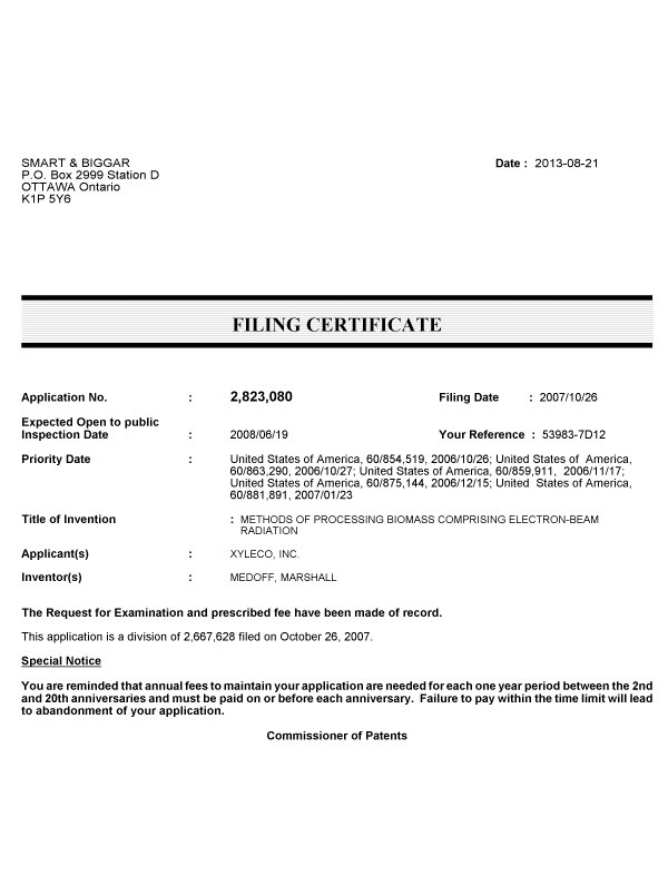 Document de brevet canadien 2823080. Correspondance 20121221. Image 1 de 1