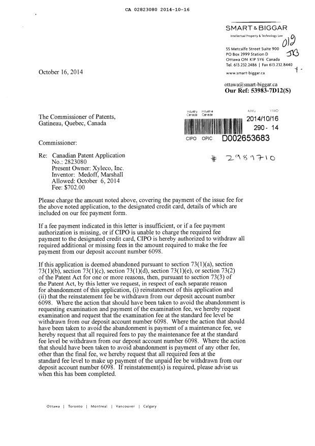 Canadian Patent Document 2823080. Correspondence 20131216. Image 1 of 2
