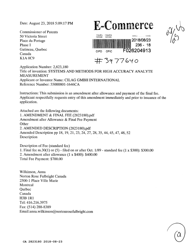 Canadian Patent Document 2823180. Amendment after Allowance 20180823. Image 1 of 17