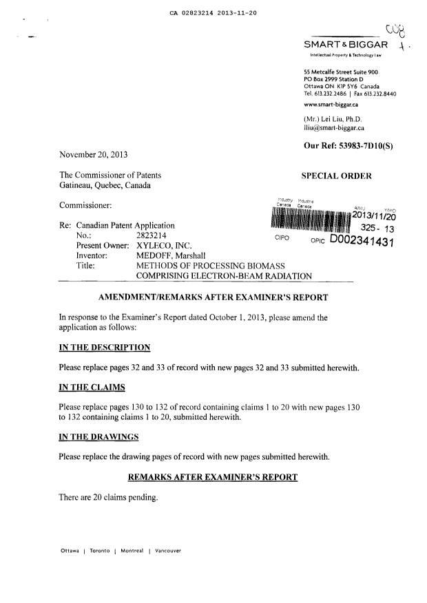 Canadian Patent Document 2823214. Prosecution-Amendment 20121220. Image 1 of 43
