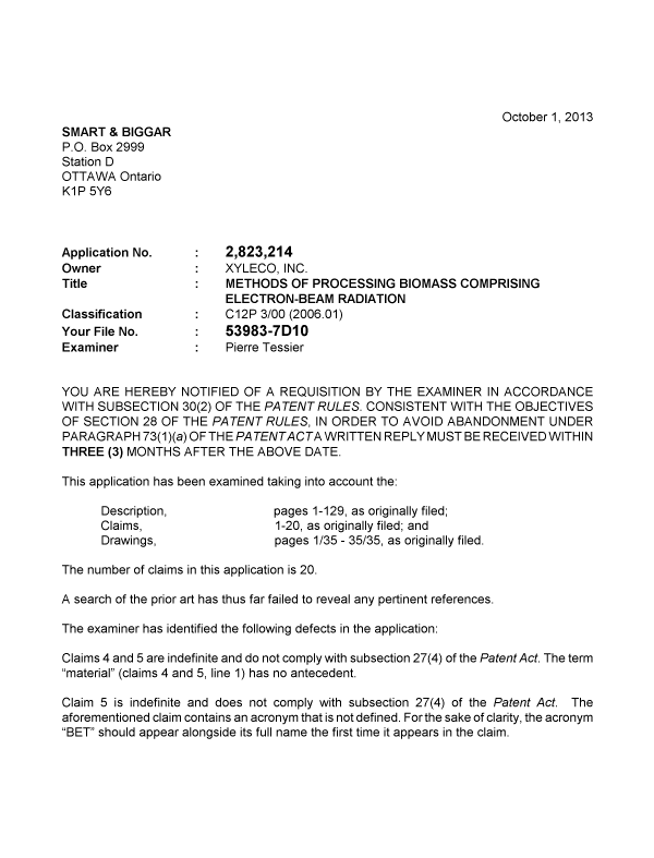 Document de brevet canadien 2823214. Poursuite-Amendment 20131001. Image 1 de 2