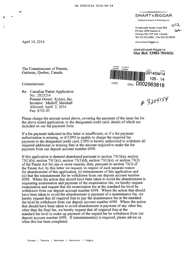 Canadian Patent Document 2823214. Correspondence 20131214. Image 1 of 2