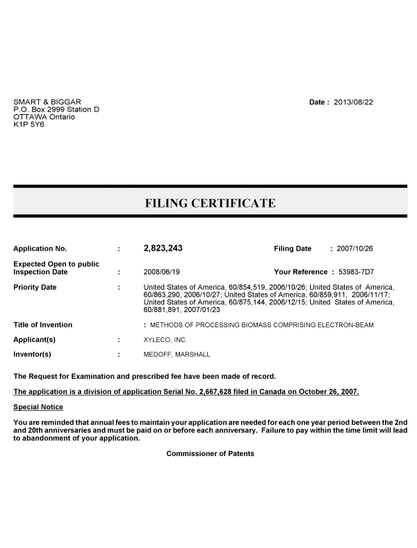 Canadian Patent Document 2823243. Correspondence 20121222. Image 1 of 1