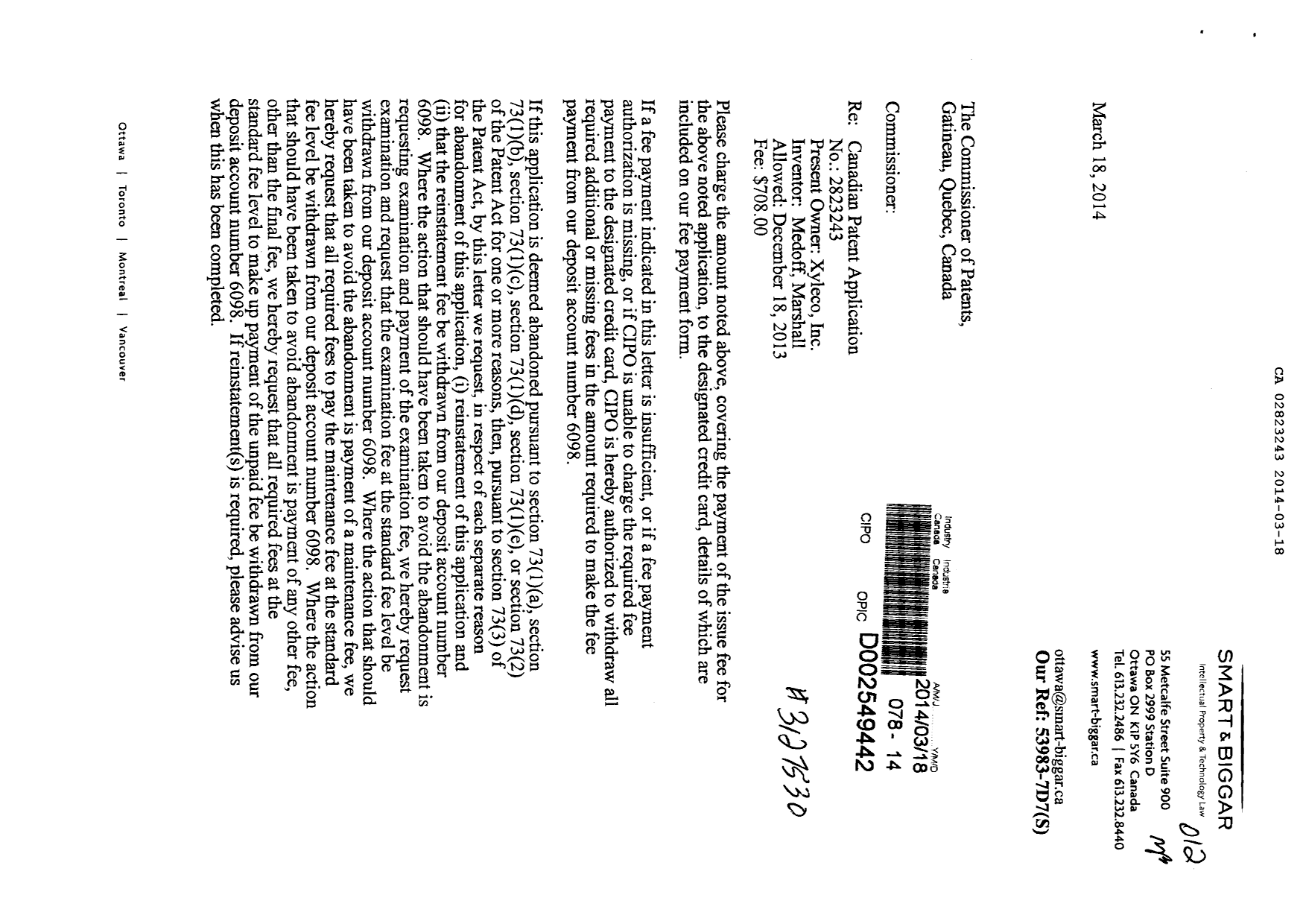 Canadian Patent Document 2823243. Correspondence 20131218. Image 1 of 2