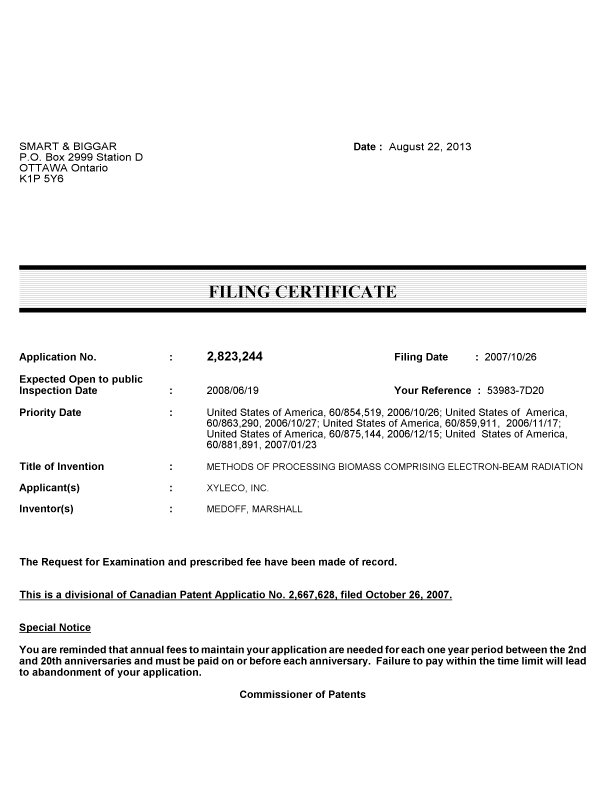 Document de brevet canadien 2823244. Correspondance 20121222. Image 1 de 1