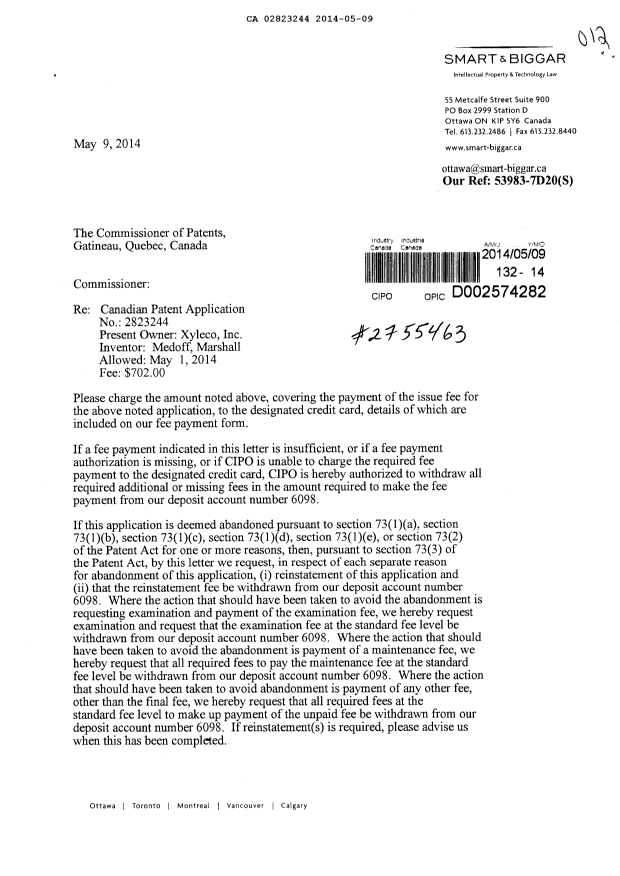 Document de brevet canadien 2823244. Correspondance 20131209. Image 1 de 2