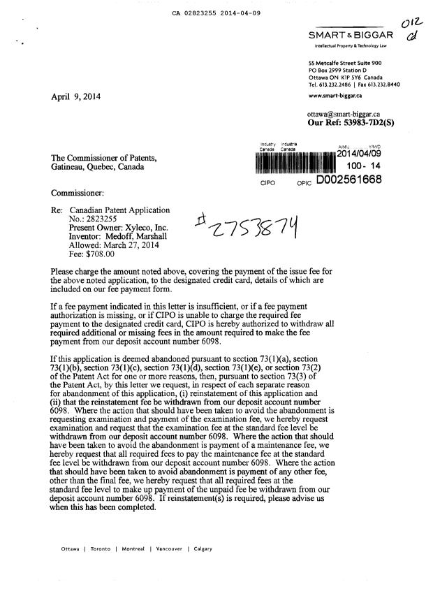 Document de brevet canadien 2823255. Correspondance 20131209. Image 1 de 2