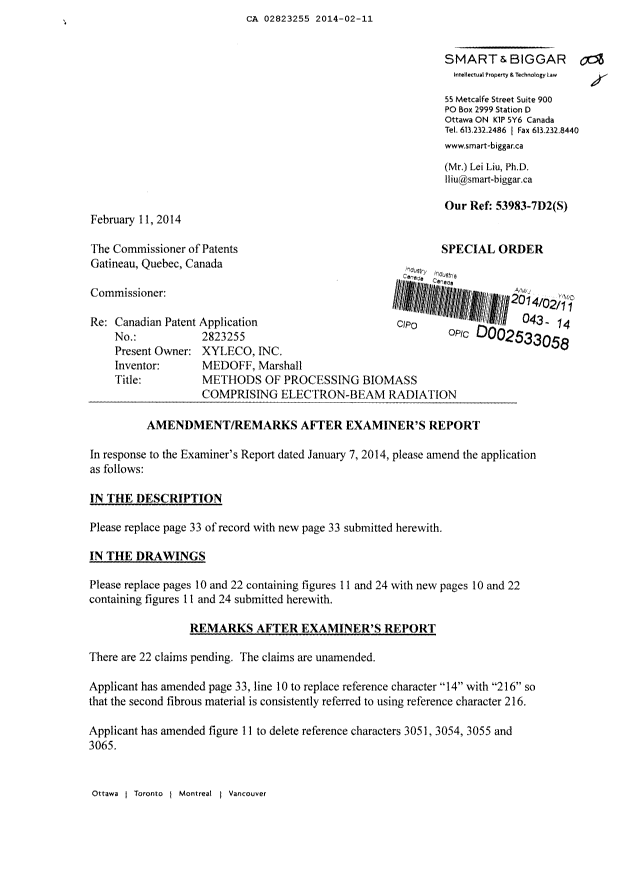 Document de brevet canadien 2823255. Poursuite-Amendment 20131211. Image 1 de 5