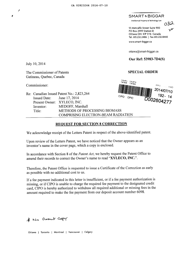 Canadian Patent Document 2823264. Correspondence 20131210. Image 1 of 3