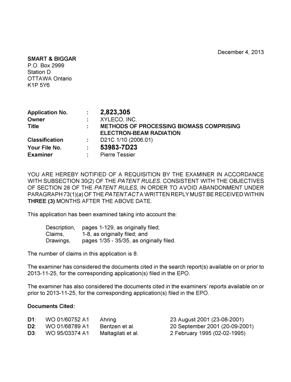 Document de brevet canadien 2823305. Poursuite-Amendment 20121204. Image 1 de 3