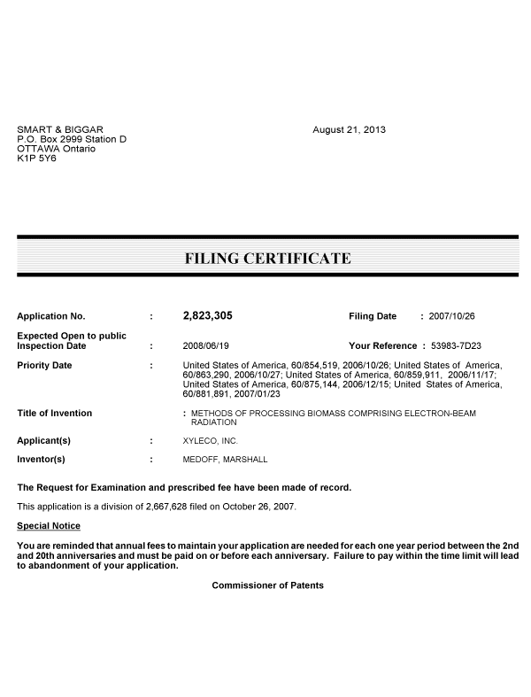Document de brevet canadien 2823305. Correspondance 20121221. Image 1 de 1