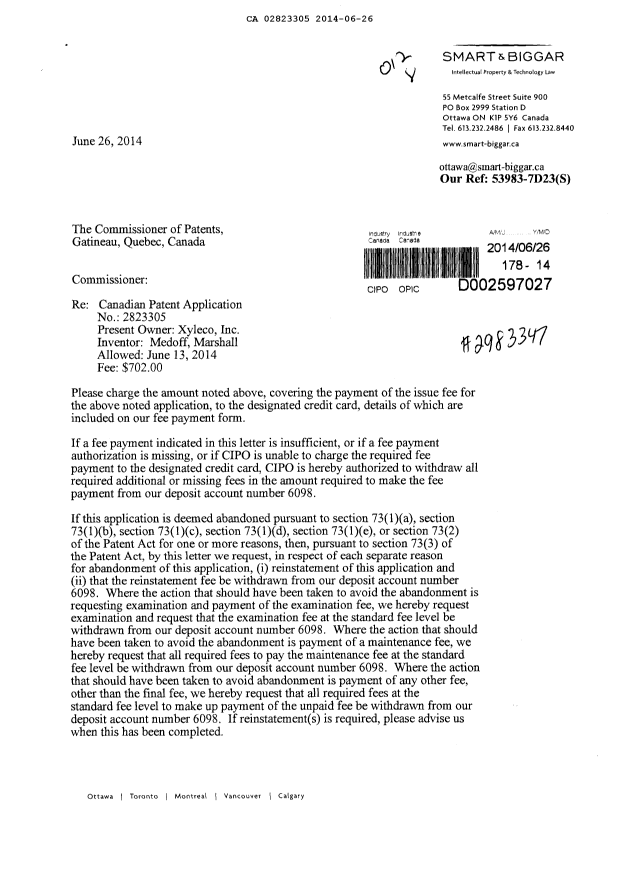 Document de brevet canadien 2823305. Correspondance 20131226. Image 1 de 2