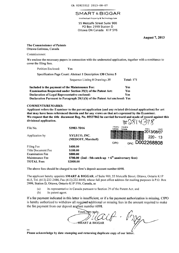 Canadian Patent Document 2823312. Prosecution-Amendment 20121207. Image 1 of 1