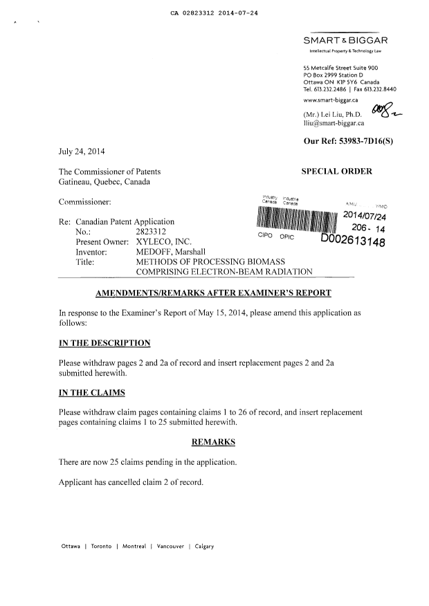 Canadian Patent Document 2823312. Prosecution-Amendment 20131224. Image 1 of 8