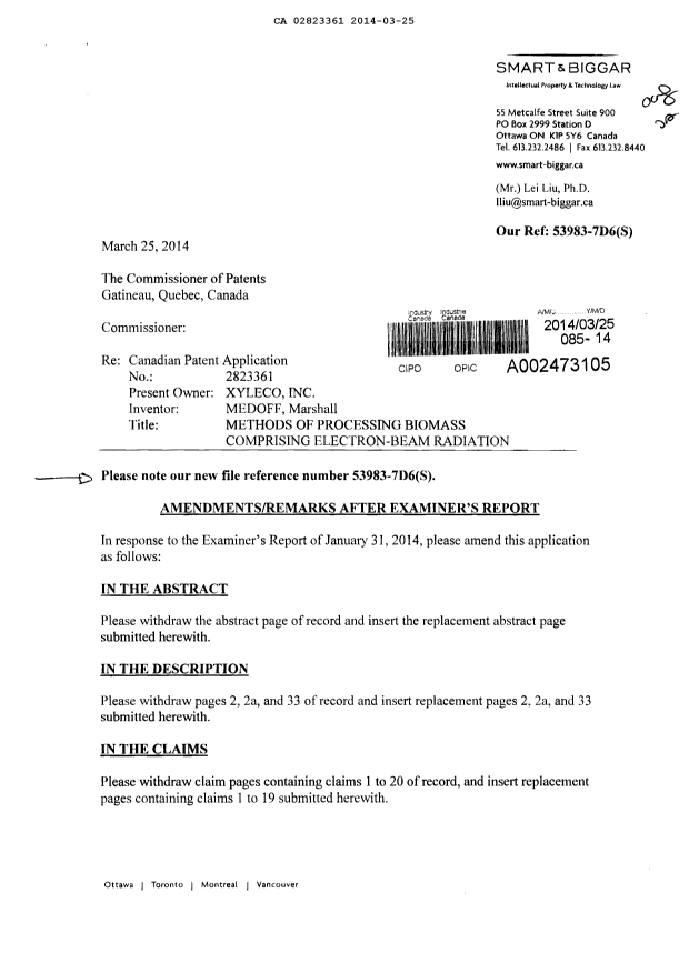 Document de brevet canadien 2823361. Poursuite-Amendment 20131225. Image 1 de 12