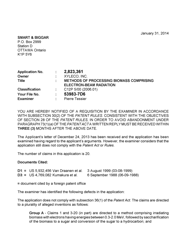 Document de brevet canadien 2823361. Poursuite-Amendment 20131231. Image 1 de 3