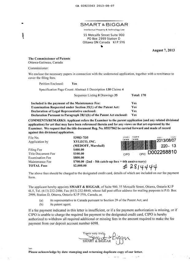 Document de brevet canadien 2823363. Cession 20130807. Image 1 de 4