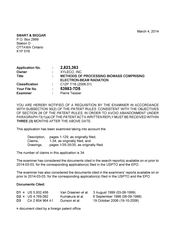 Canadian Patent Document 2823363. Prosecution-Amendment 20131204. Image 1 of 3