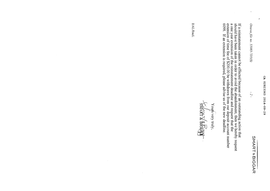 Document de brevet canadien 2823363. Correspondance 20131229. Image 2 de 2