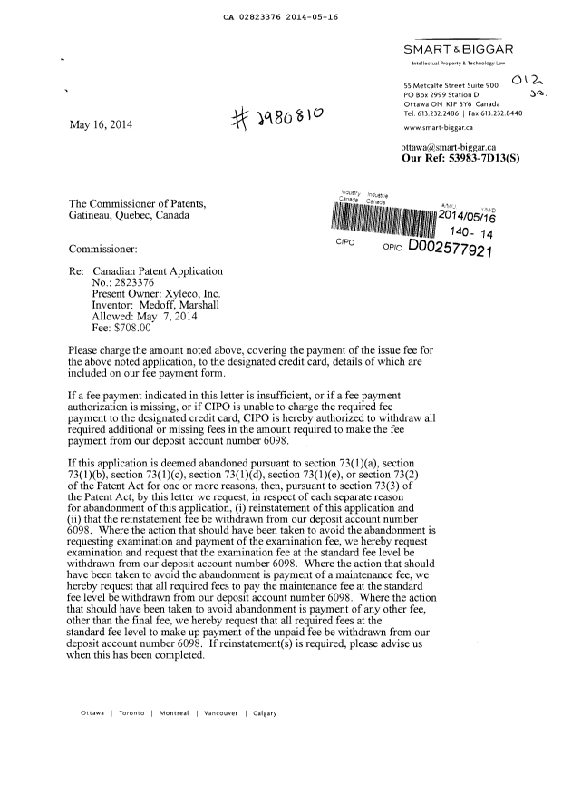Canadian Patent Document 2823376. Correspondence 20131216. Image 1 of 2