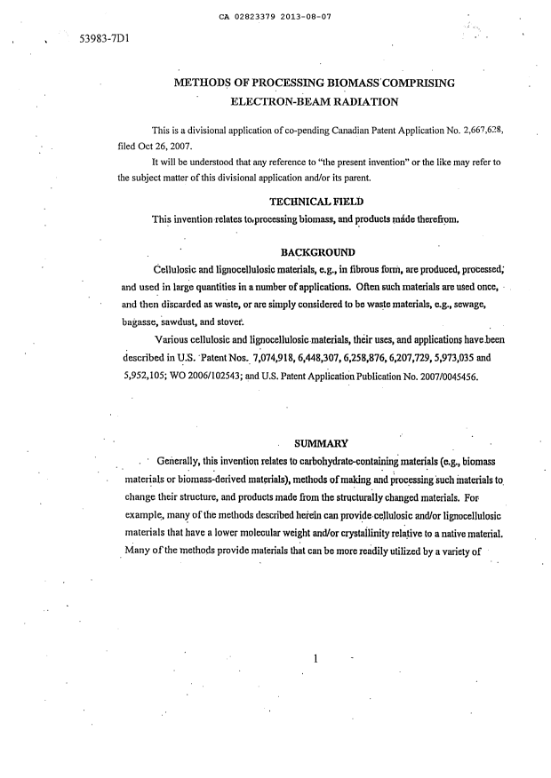 Canadian Patent Document 2823379. Description 20121207. Image 1 of 130