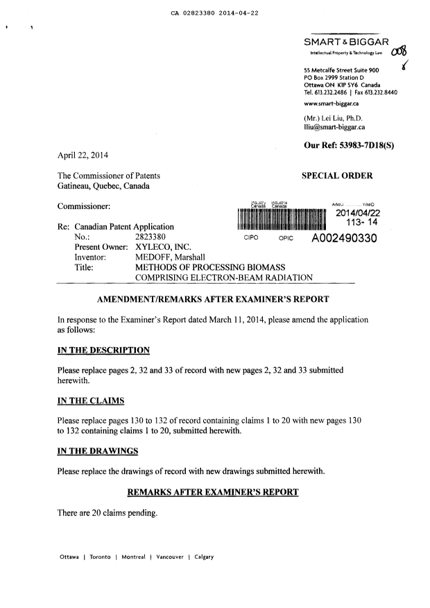 Canadian Patent Document 2823380. Prosecution-Amendment 20131222. Image 1 of 47