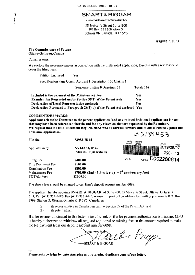 Document de brevet canadien 2823382. Poursuite-Amendment 20121207. Image 1 de 1