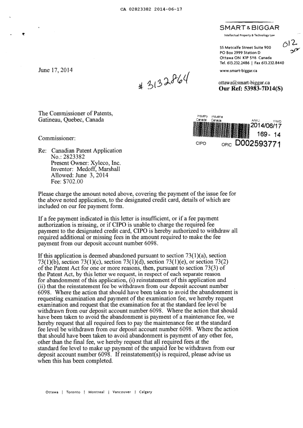 Document de brevet canadien 2823382. Correspondance 20131217. Image 1 de 2