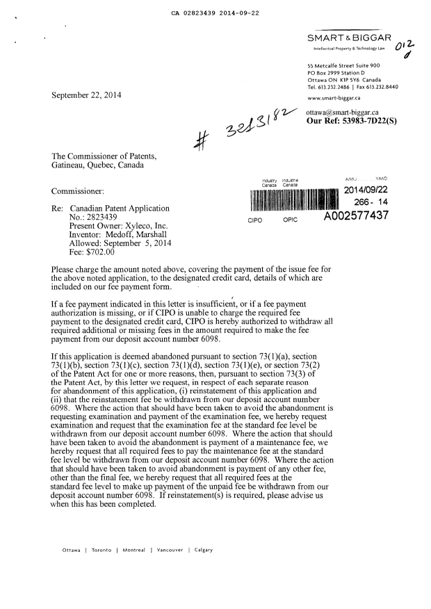 Document de brevet canadien 2823439. Correspondance 20131222. Image 1 de 2
