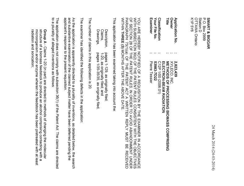 Canadian Patent Document 2823439. Prosecution-Amendment 20131224. Image 1 of 5