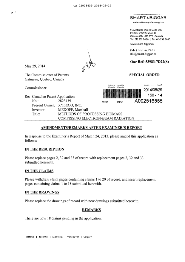 Canadian Patent Document 2823439. Prosecution-Amendment 20131229. Image 1 of 46