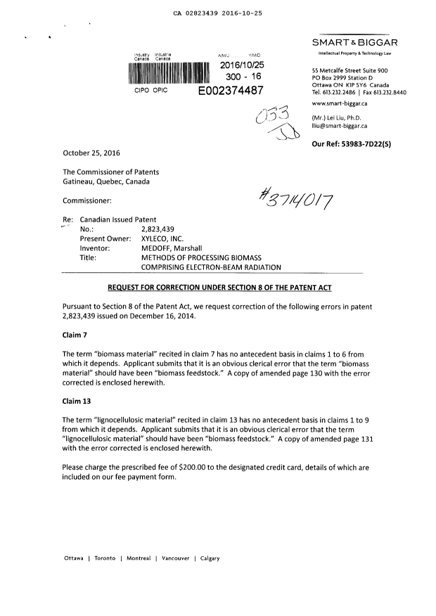 Document de brevet canadien 2823439. Correspondance 20151225. Image 1 de 4