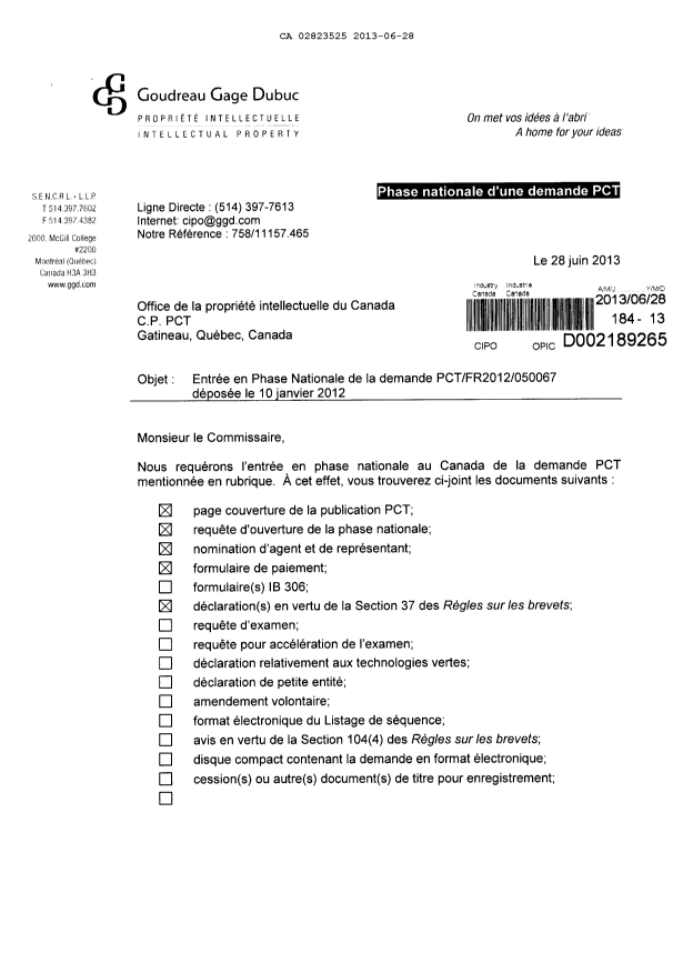 Canadian Patent Document 2823525. Assignment 20130628. Image 1 of 5