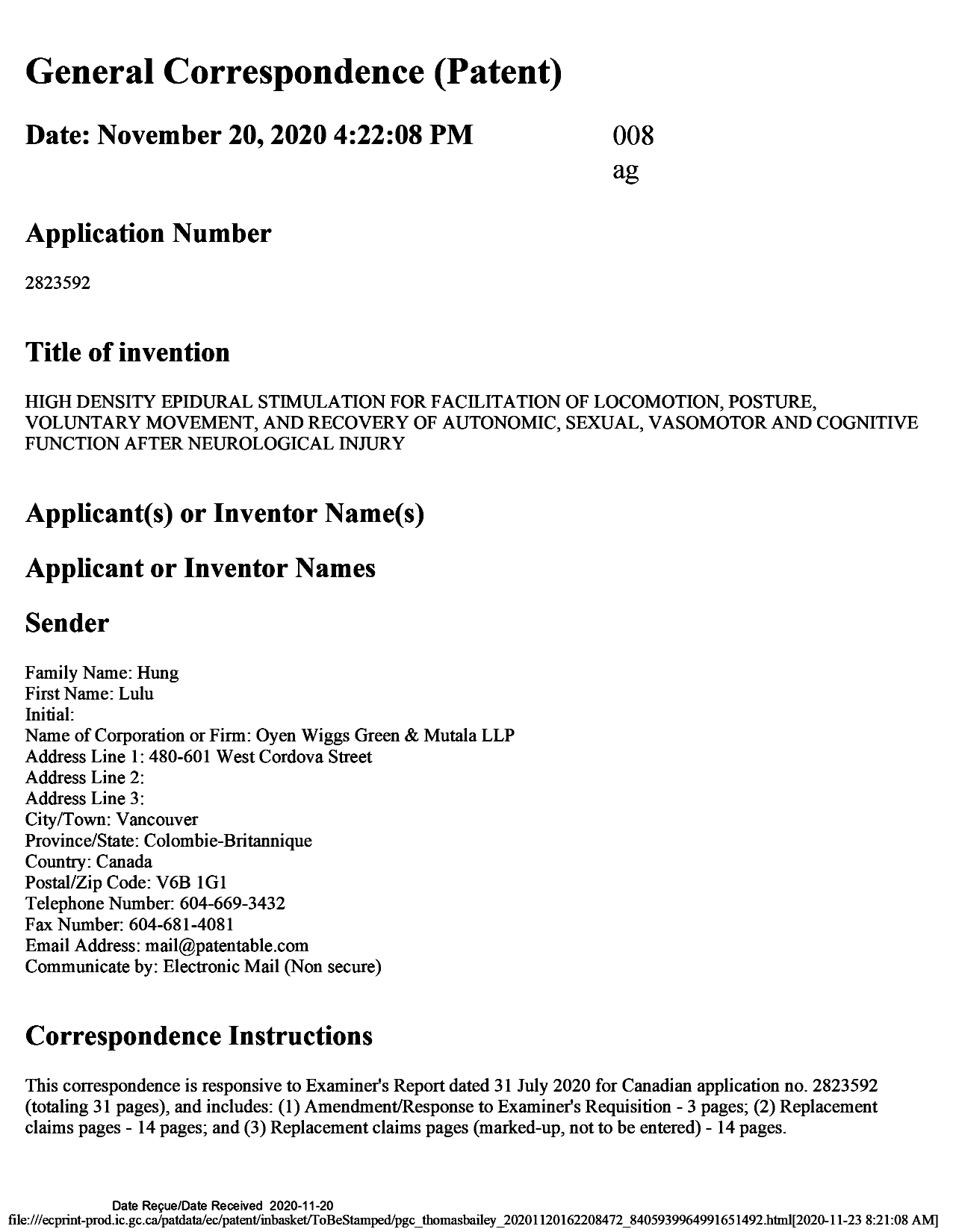 Document de brevet canadien 2823592. Modification 20201120. Image 1 de 34