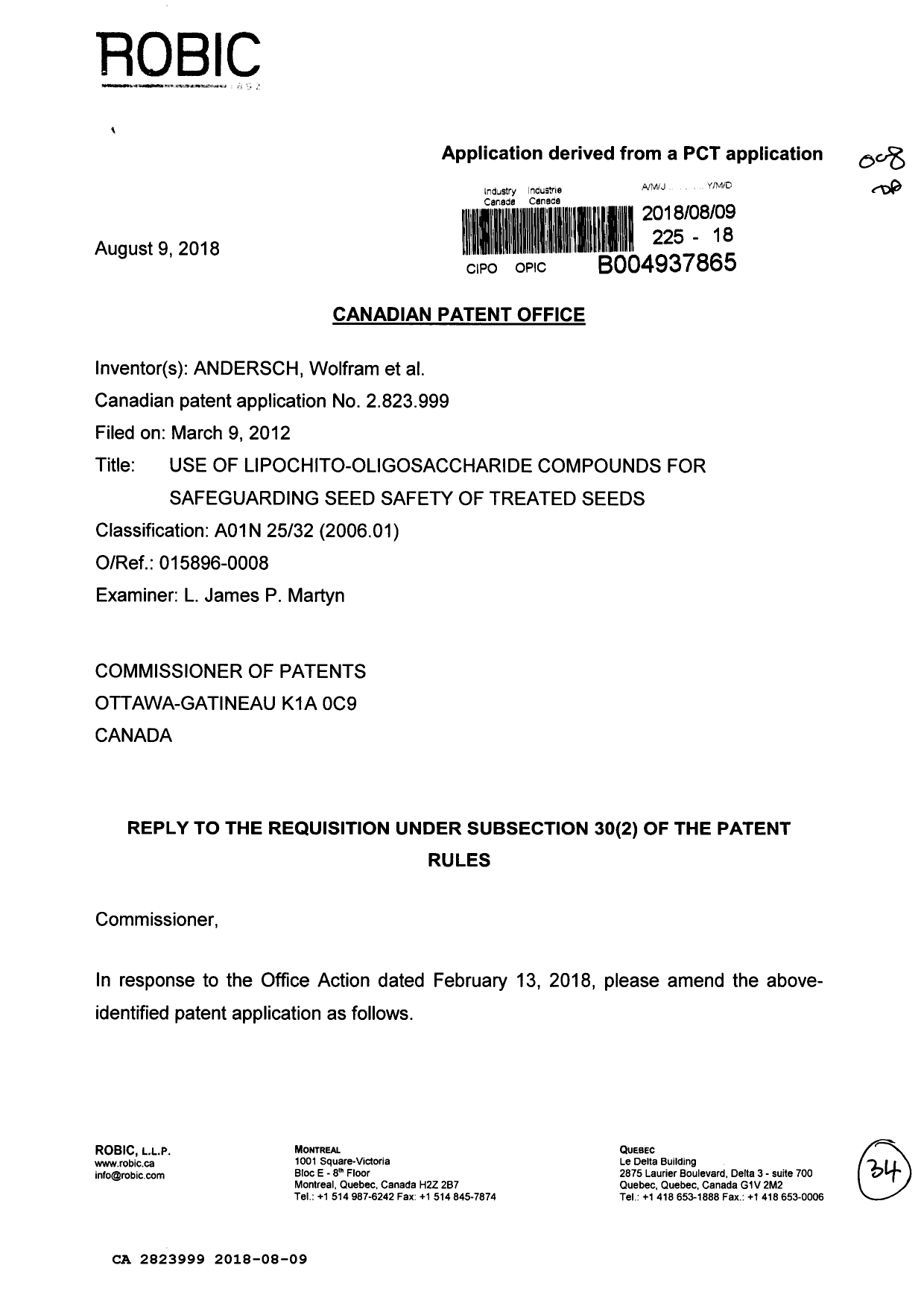 Canadian Patent Document 2823999. Amendment 20180809. Image 1 of 34