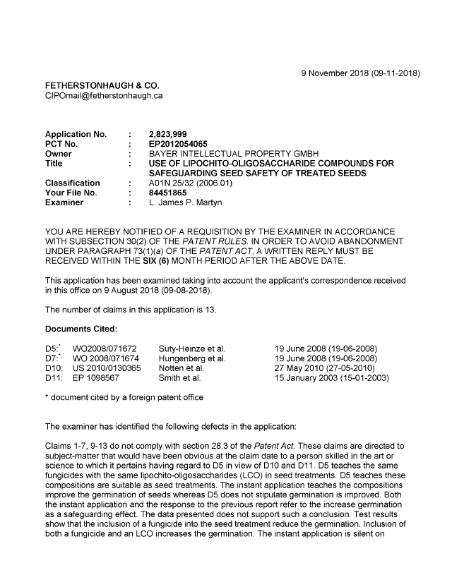 Document de brevet canadien 2823999. Demande d'examen 20181109. Image 1 de 3