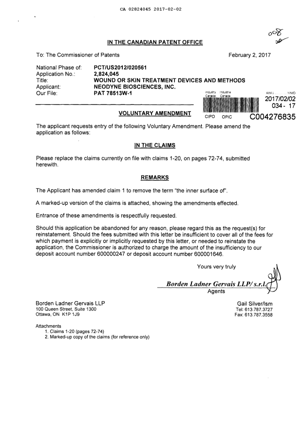 Canadian Patent Document 2824045. Prosecution-Amendment 20161202. Image 1 of 7
