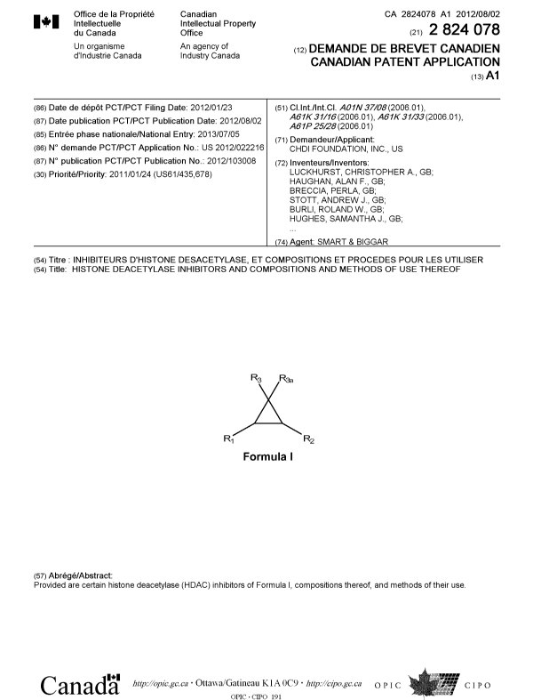 Document de brevet canadien 2824078. Page couverture 20121230. Image 1 de 2