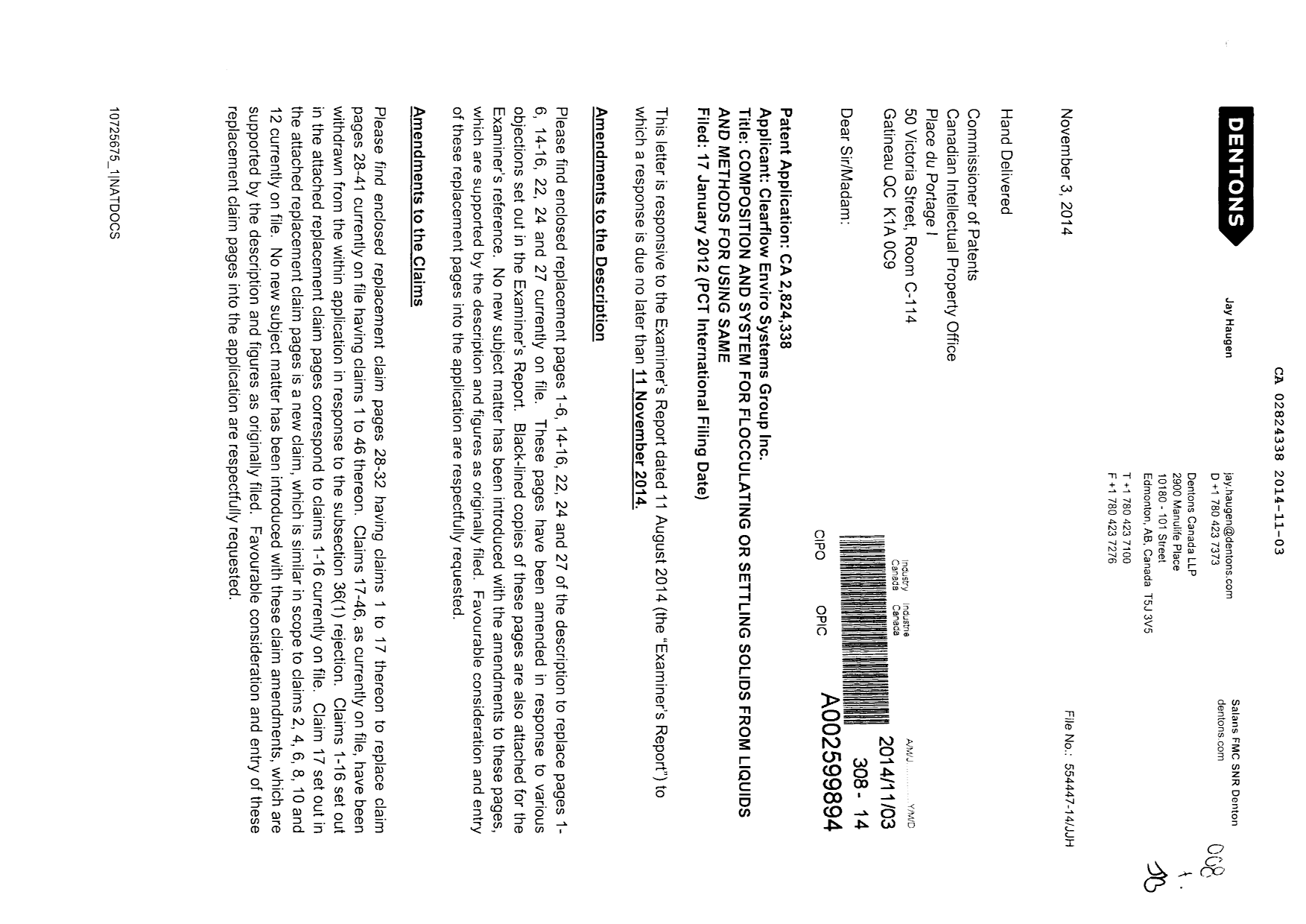 Canadian Patent Document 2824338. Prosecution-Amendment 20131203. Image 1 of 42