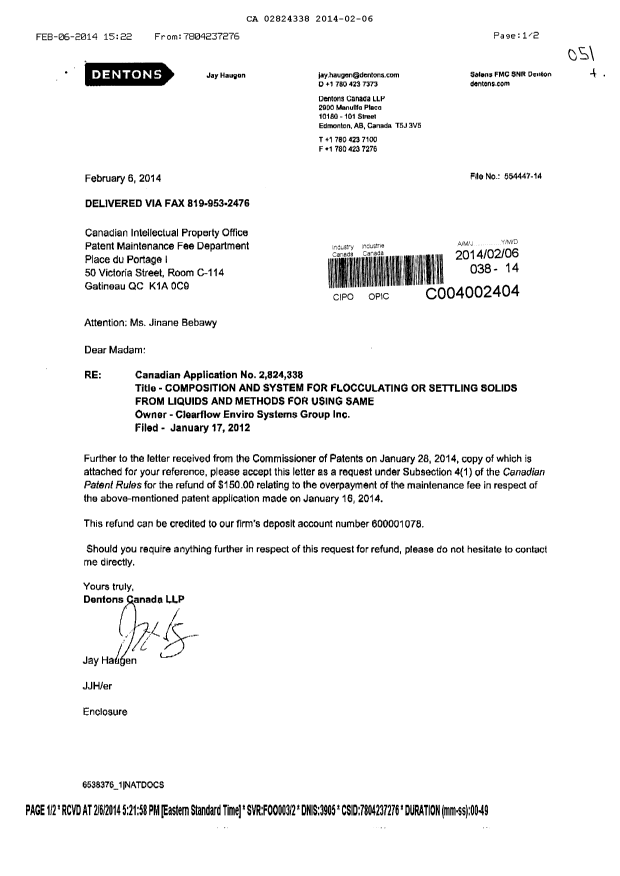Canadian Patent Document 2824338. Correspondence 20131206. Image 1 of 2