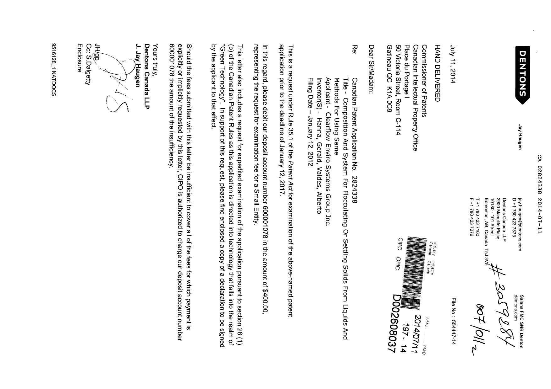 Document de brevet canadien 2824338. Poursuite-Amendment 20131211. Image 1 de 2
