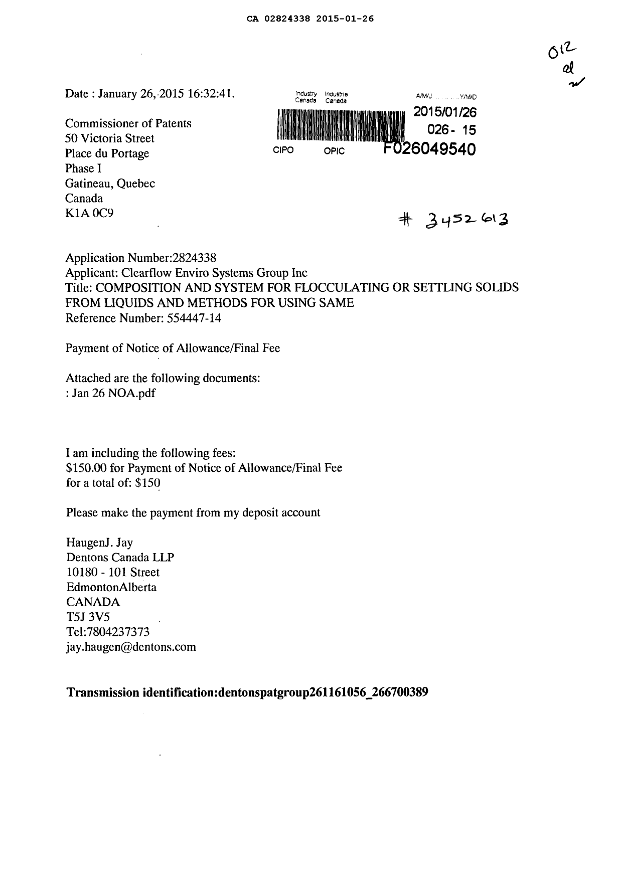 Document de brevet canadien 2824338. Correspondance 20141226. Image 1 de 2